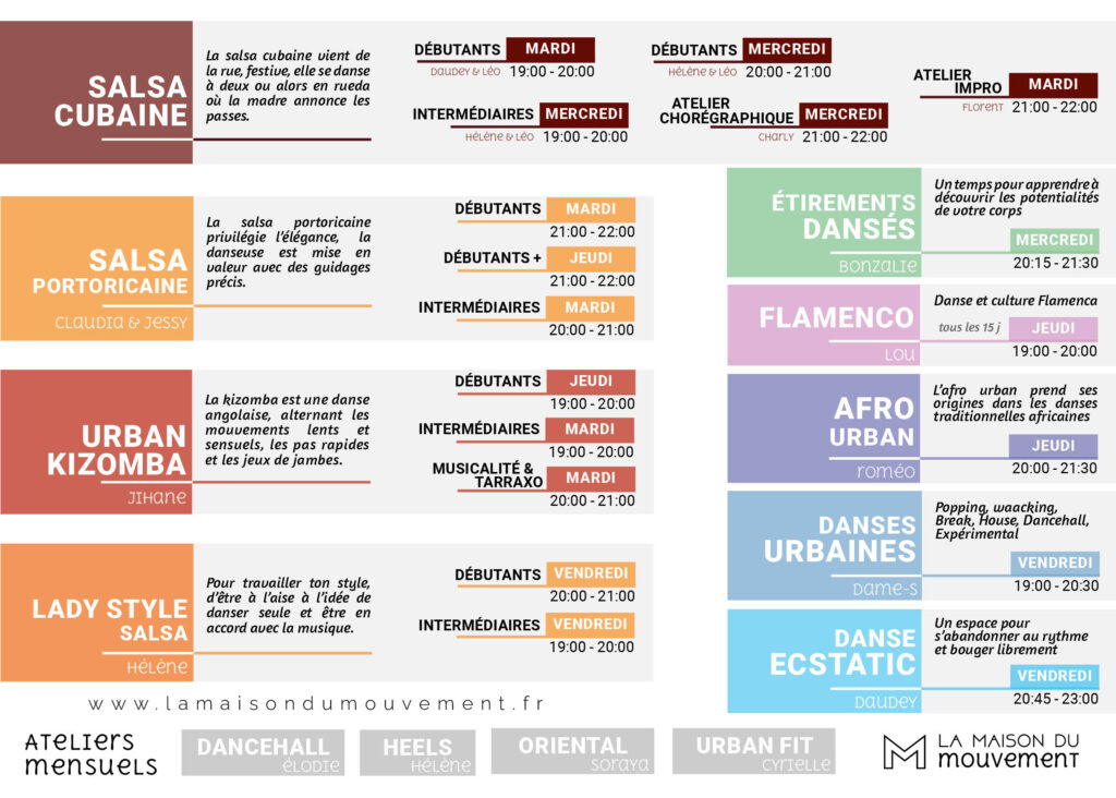 planning des cours de danse